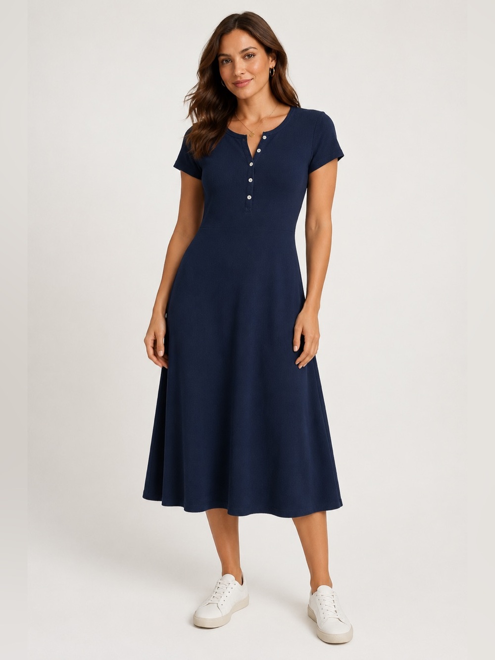 Lauren Ralph Lauren Waffle-Knit Cotton Henley Midi Dress Navy Size L - Picture 2 of 9